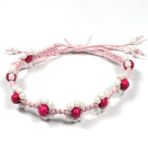 Handmade Macrame Flower Adjustable Pink Bead Surf Anklet with Light Pink Waxed Cotton Cord