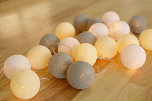 Gray Night Lamp 20 Cotton Ball String Lights LED Battery Operated Wedding and Party Décor Warm White Light (Warm Gray)