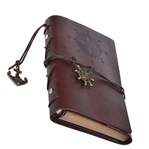 Leather Journal Notebook, Riroad Refillable Spiral Daily Notepad Classic Embossed Travel Journal Diary with Blank Pages and Retro Pendants (Dark Brown)