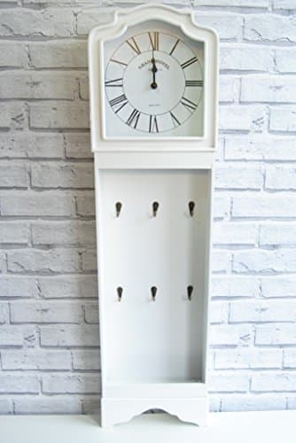 Four Seasons- Clock Large Wall Clock Vintage Style White Distressed with 6 Hooks for Hanging Keys