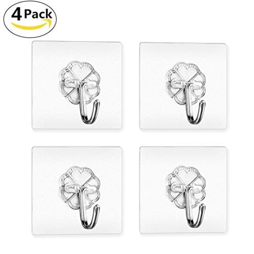Wall Hook , Cofive 4 Pack Heavy Duty Adhesive Transparent Seamless Hooks With Solid Glue for Hat/Towel/Robe/Clothes/Loofah/keys ,No Scratch,Waterproof & Oilproof ,Reusable Bathroom Kitchen Wall Hook & Ceiling Hanger (6kg/13.3lb Max)