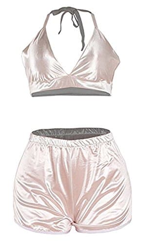 Choose Women's Solid Color Halter Crop Top Shorts Set PJS