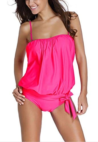 SunIfSnow Women Solid Black Rose Bandeau Tankini With Triangular Briefs L