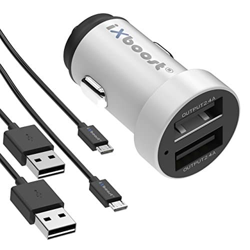 Ixboost® IX 5s Set Speed Charge 4.8 A Dual USB Car Charger fully Metal Adapter Silver Intelligent IC 2 Port In Car Charger + 2 x Micro USB Charging cable Black for HTC Huawei LG/Samsung