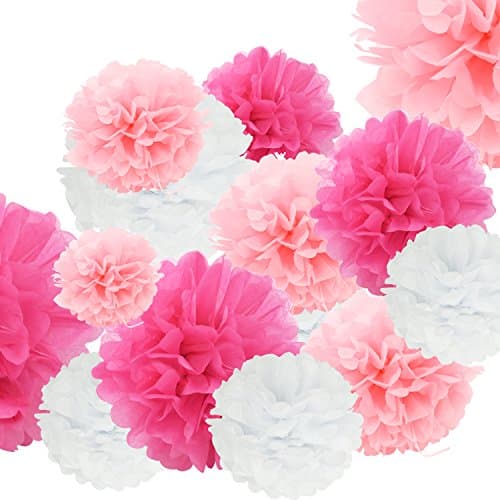 24pcs Craft Paper Tissue Pom Poms, Doubletwo Ceiling Decor Wall Decor; 12in 10in 8in Hanging Paper Pom-poms Flower Ball Wedding Party Outdoor Decoration Flowers Craft Kit (Pink White)