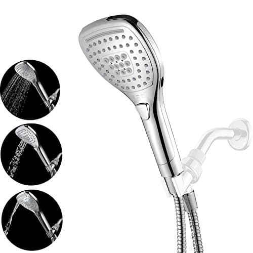 IceMoon Luxury Multi-setting Revolutionary Push-Control Hand Shower Handheld Shower Head with Hose Combo,Push-Control Flow Control Button for easy one-handed operation (Oval Square),Double Interlocked Stainless Steel Hose, angle-adjustable hand shower power suction wall bracket (Premium Chrome)