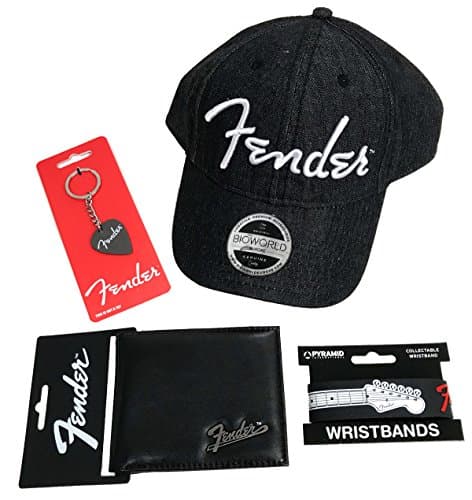 Official Fender - Gift Set 2 - including Baseball Cap, Plectrum Keyring, Leather Wallet and Rubber Wristband