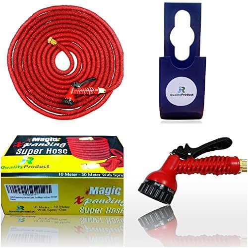 100ft The Latest Generation Red Expanding Super Hose Pipe &amp; Hanger with 7 Function Spray Gun and Fitted Garden Tap Connector – This Expandable Hose is Manufactured to a higher Tough Specification – Inner Hose is Strong Double Latex, Outer Hose is New 5000 X 5000D Fabric – Warranted - 6 Months Expands up to 3 Times its Original Length – Lightweight and No more Kinking – Shrinks like Magic for Easy Storage.