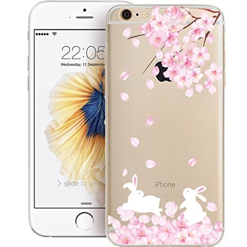 iPhone SE 5s 5 Case with Free Tempered Glass Screen Protector, Bestsky Lovely Rabbit Cat Sakura Pattern Crystal Clear Soft Silicone TPU Bumper Case Protective Cover for Apple iPhone SE/5S/5 (White Rabbits and Cherry Blossoms)