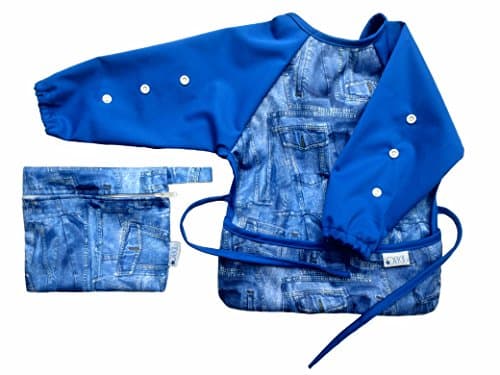 The Original Snap Button Bib by Origu Adjustable Long Sleeve Coverall Apron Waterproof Unisex Baby and Toddler Bib with FREE Complimentary Travel Wet Bag. Water Resistant Machine Washable with Pocket Pouch and Extra Strap Tie | Great for Weaning, Messy Mealtimes and Messy Play (Large 12-24 Months, Blue)