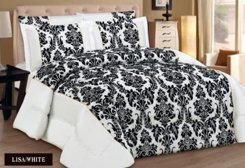 Luxury 3 pieces Lisa comforter bedspread floral pattern quilted flock damask With 2 Pillow shams Double, King & Super King sizes (KING, WHITE)
