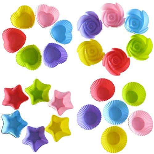 KAIL 24 Pcs Reusable Silicone Baking Cups -Cupcake Liners -Muffin Cups [6 Heart-Shaped , &amp; 6 Round Cups , &amp; 6 Star Cups , &amp; 6 Rose Cups]