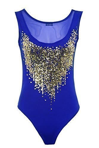 Ladies Sheer Gold Sequin Mesh Insert Low Back Leotard Womens Bodysuit Top [Blue,16]
