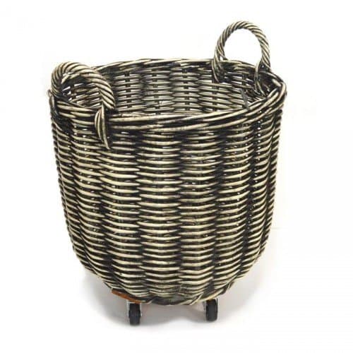 Fireside Log Basket Black &amp; Cream Medium Round Wicker Rattan Wood Storage with Wheels