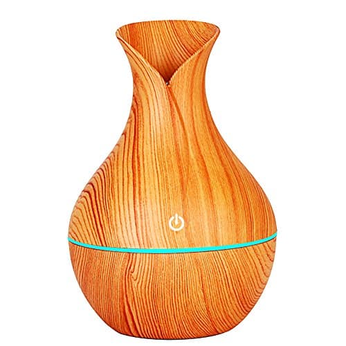 snaideal 130ml USB Mini Aroma Essential Oil Diffuser with One Key Smart Touch, Wood Grain Cool Air Mist Humidifier for Office Home Study Yoga Spa, 7 Gradient Color Lights (Vase Style-Yellow)