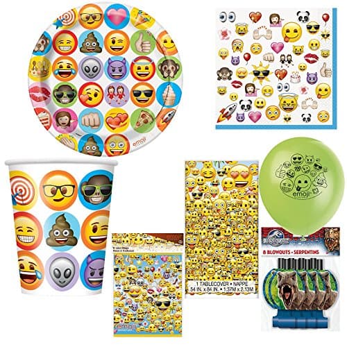 Emoji Party Ware Pack for 16 - Plates, Cups, Napkins, Table Cover, Loot Bags, Balloons + Complimentary Blow outs
