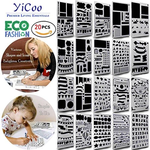 YiCoo Bullet Journal Stencils, 20 Pieces Plastic Planner Stencil Set, 4x7 Inch DIY Drawing Template for Journal/Notebook/Diary/Scrapbook/Art Craft Projects/Schedule Book.