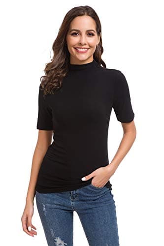 Womens Basic Short Sleeve High Neck/Mock Neck Slim Fit Stretchy Layer T Shirts Tops