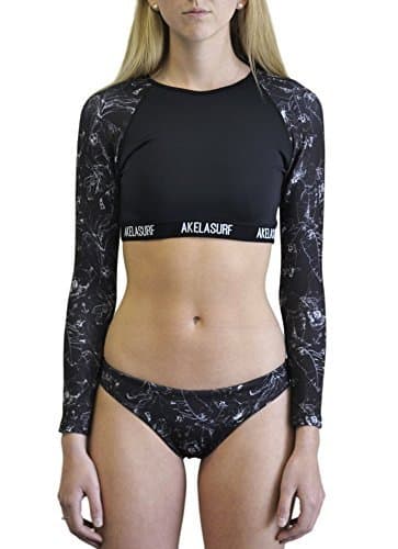 Akela Surf Jolt Crop Long Sleeve Rash Guard Top, Patterned Black, Large