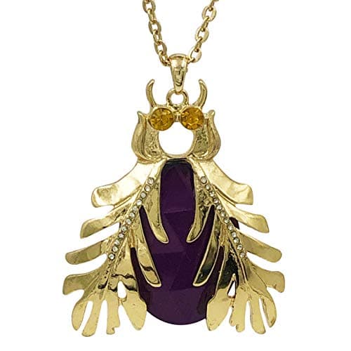 Egyptian Style Scarab Beetle Bug Whimsical Long Multi Color Unique Gold Tone Theme Pendant Necklace