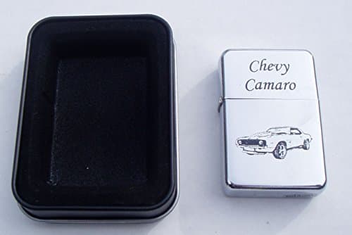 Chevy Camaro Engraved Chrome Plated Brass Refillable Lighter in Black tin case