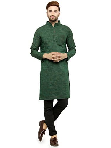 Enchanted Drapes Mens' Solid Cotton Long Kurta_Mehandi
