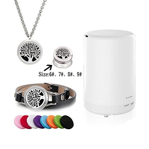 GSJ Ultrasonic - Essential Oil Diffuser, Aromatherapy Cool Mist with Bonus Diffuser Necklace,Bracelet,Ring &amp; Electric, 14 Color LED Light &amp; , 8-10 Hours Diffusing, 1 Year Warranty (8#, Style-2)