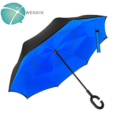 WENXIN Double Layer Inverted Umbrella with UV Protection, C-hook Reverse Folding Umbrella, Windproof for Hands Free, for Car Use, Golf, Large (Sapphire Blue)
