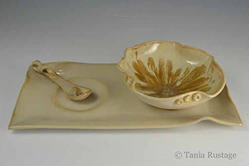Ceramic, Small Cream / Camel Round Bowl with Altered Rim and Rectangular Tray set, Pottery