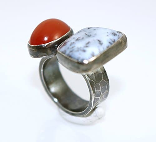 Fire and Snow Ring #1 - Dendritic Opal and Carnelian set in oxidized Sterling Silver - one of a kind - Size 6