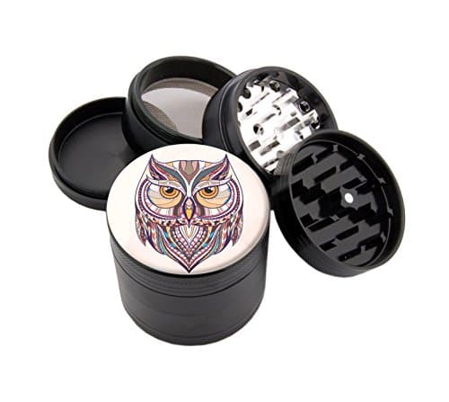 Wise Owl - Custom Premium Spice &amp; Herb Grinder - Four Piece with Pollen Catcher - (2.25", Black) - Zip Grinders