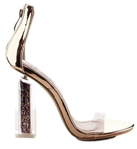 X2B Alora-1 Lucite Clear Perspex Glitter Block Heel Open Peep Toe Sandal Shoe Rose Gold 8.5