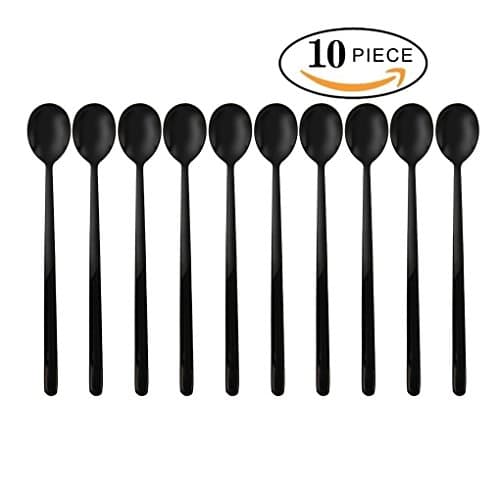 YEKA 10 Pcs 7.5-Inch Long Handle Teaspoons, Coffee Spoon and Ice Cream Spoon, Dessert &amp; Milkshake Spoon, Fruit Juice Long Spoon, 18/8 Stainless Steel Spoons, Color Black