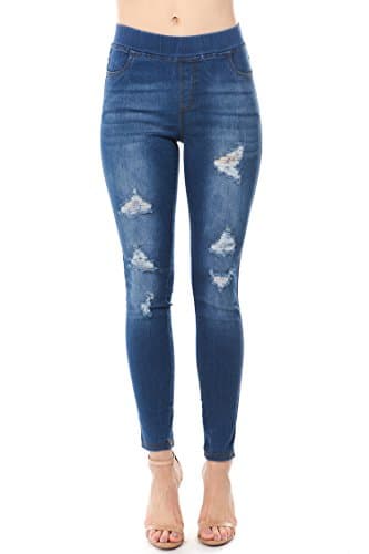 Trinity Jeans Women's Distressed/Ripped/Cut Pull On Stretch Skinny Denim Jeggings (Medium, LT Blue_DIS2)