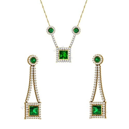 4.5 Ct Princess and Round Cut Emerald and Simulated Diamond 18k Yellow Gold Finish Earrings Pendant Jewelry Set (Earrings, Pendant Necklace)