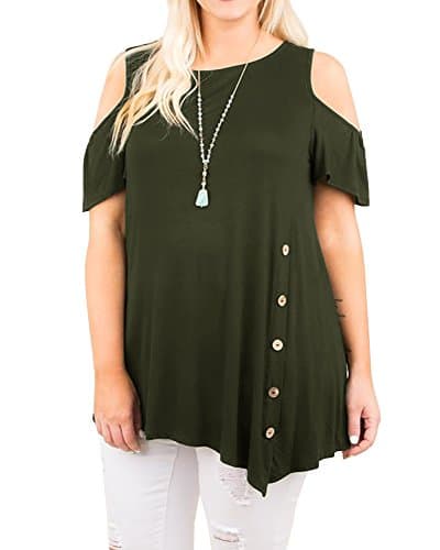 Rotita Womens Cold Shoulder Plus Size Short Sleeve Button Down Irregular Hem Tunics Tops T Shirts (XXX-Large, Army Green)