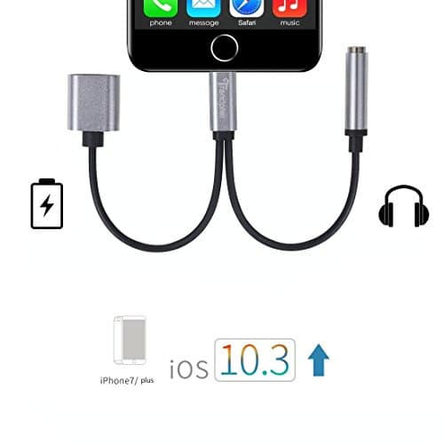 Trandpter 2 in 1 Lightning Cable to 3.5mm Headphone Jack Adapter | Stereo Jack Adapter &amp; Fast Charging Lightning Adapter Cable for iPhone 7 | iPhone 7 Plus Silver Compatible with iOS 10.3 (Silver)