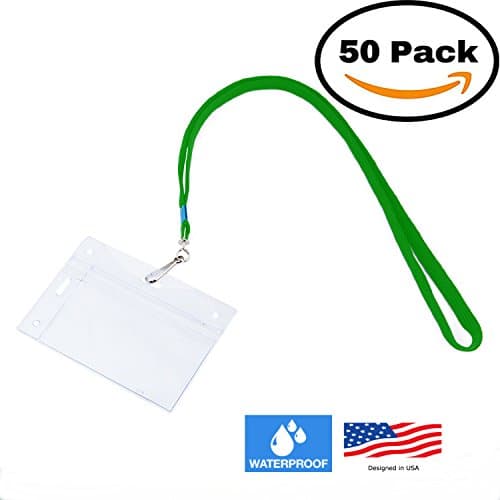 50 VERTICAL & HORIZONTAL Name Tag Holders with Lanyards I Sealable Waterproof Name Badge Holders with Green Hook Lanyards (50 SETS)