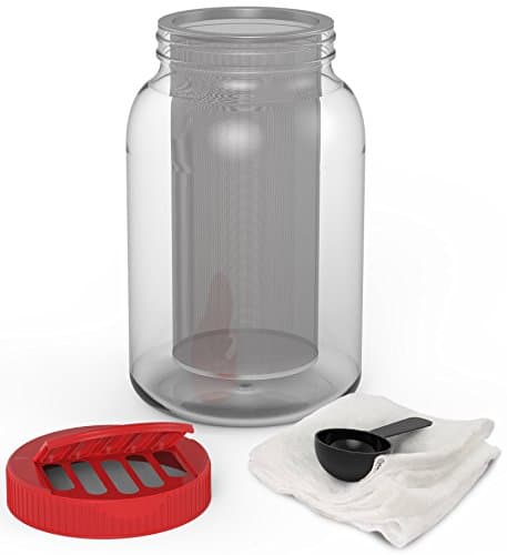 KombuJars 1 One Gallon Jar Cold Brew Coffee Maker Kit Large Batch Wide Mouth Brewing Storage Bottle w/ Plastic Pour Lid, Stainless Steel Fine Mesh Filter, Gallon Glass Jar, Cheesecloth, and Scoop