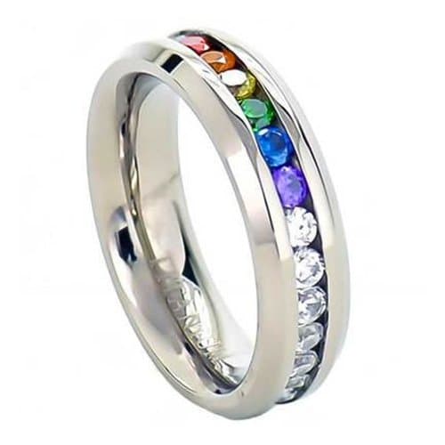Rainbow Super Full String Clear & Rainbow Ring. Gay & Lesbian Pride Stainless Steel Ring (Great as Gay Gift or Wedding Marriage or Engagement Band w/CZ Stones)