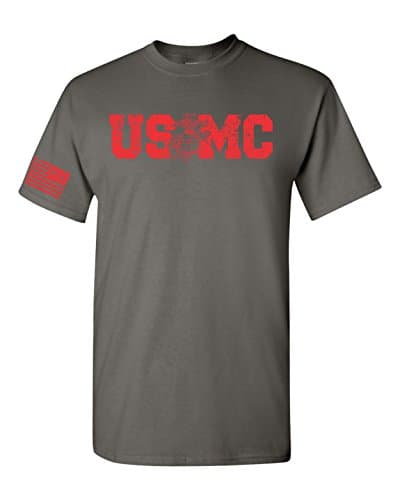 All Things Apparel USMC Red Print with Flag on Sleeve Men's T-Shirt - Med Charcoal (ATA1703)