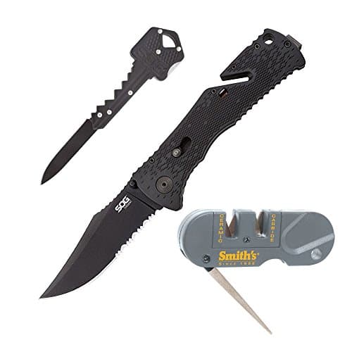 Save set SOG trident assisted folding knife tf1-cp - black tini 3.75" aus-8 partially serrated blade, grn handle key key-101 1.5" stainless steel smith's pp1 pocket pal multifunction sharpener, grey