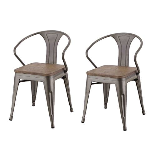 DecentHome Metal Stackable Tolix Style Dining Chairs, Set of 2 (Curve Armrest, Wood Seat, Grey Bronze)
