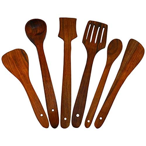 A K Handicrafts Non-Stick 1 Frying; 1 Serving; 1 Spatula; 1 Chapati Spoon; 1 Desert Wooden Multipurpose Serving and Cooking Spoon Set Kitchen Essentials Tools - Set of 6