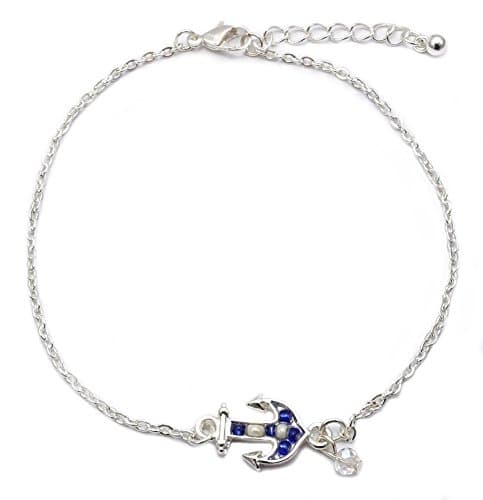 Sealife Summer Theme Bead Link Anklet Anchor Silver Plated Blue White