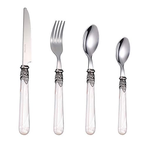 White Dinnerware Sets Cutlery Flatware - LANPA LPCJ002-4 (2018 New Design) 18/10 Stainless Steel Royal Pearl Handle Flatware Set for 16 Pieces, 4*Knives, 4*Forks, 4*Tablespoons, 4*Teaspoons,Set for 4
