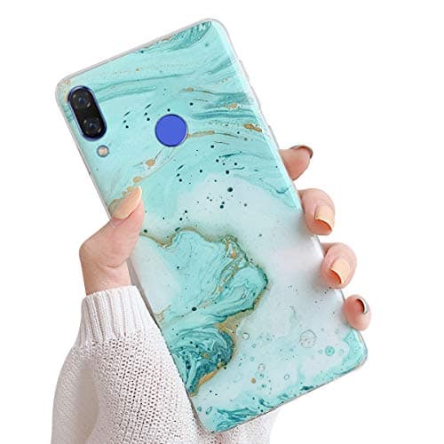 Suhctuptx Compatible for Huawei Nova 3i Case Soft Silicone+Strap Holder Hole Marble Design Glitter Rubber Hybrid Cover Shockproof Drop Protection Bumper Case Girls Women Pretty Phone Skin(Green)