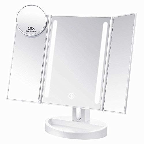 ASSIS Led Lighted Makeup Mirror with 10X Magnifying, Natural LED, Touch Screen and Auto Off Dual Power Supply, 180° Adjustable, Portable Compact Travel Trifold Vanity Mirror(White)
