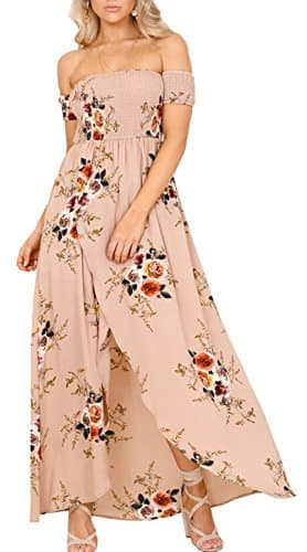 Kangwoo Women's Boho Style Split Hem Maxi Floral Off Shoulder Chiffon Dress Khaki S-5XL