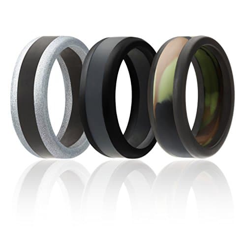 Silicone Wedding Ring For Men By SOL (Power X Series), 3 Pack Silicone Rubber Wedding Band, Camo, Black, Grey, Silver - size 8